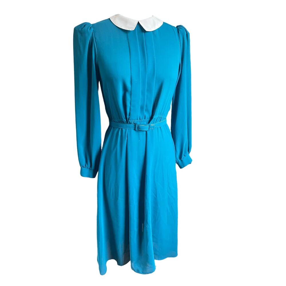 Vintage 70s 80s Turquoise Sheer Fit & Flare Knee Length Collared Dress Size 8
